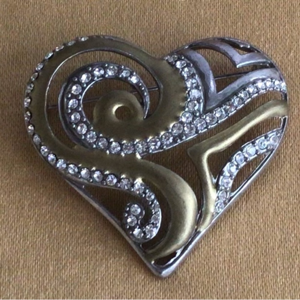 CHICO’S Brass, Pewter tone Rhinestone Heart Brooch, Pin